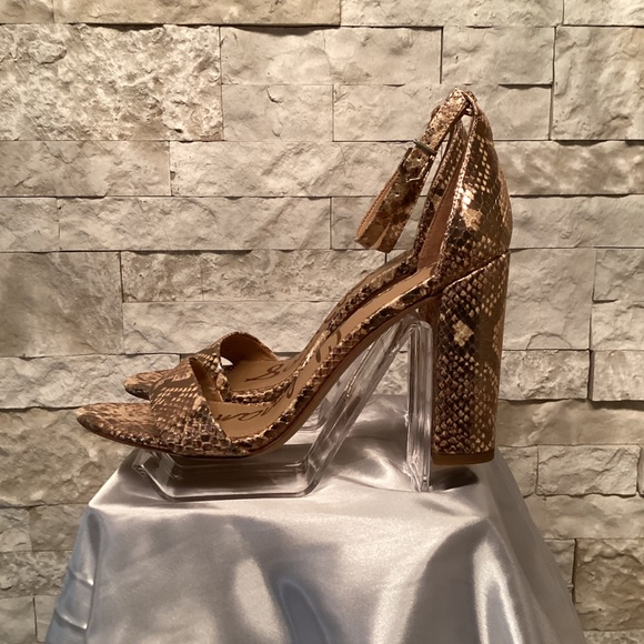 Sam Edelman Yaro Gold and Brown Faux Snakeskin Block Heels - Picture 3 of 5